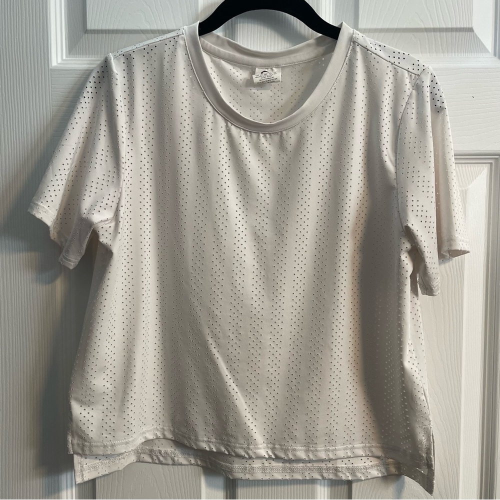 ZYIA White Short Sleeve Perforated Cropped Tee